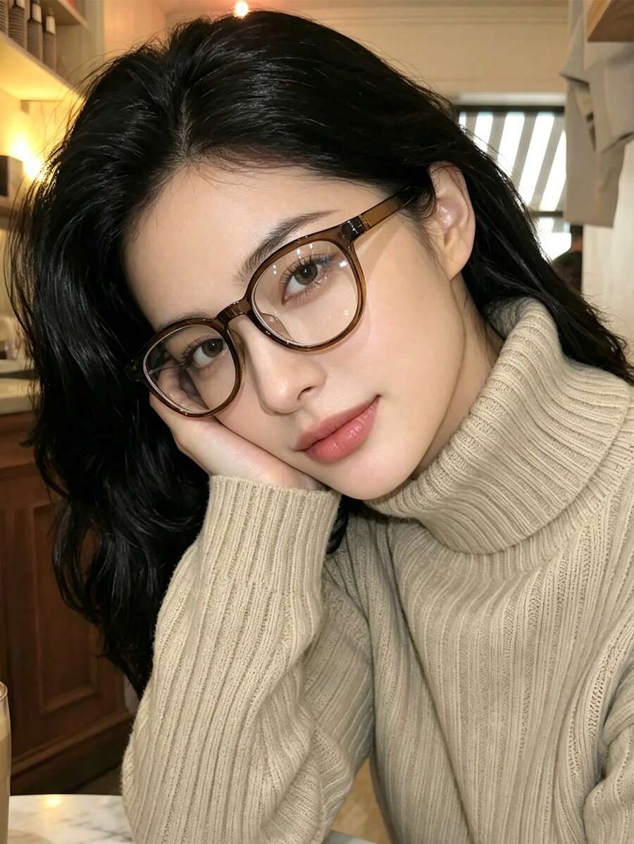 1副女士简约椭圆形眼镜框，黑色和茶色聚碳酸酯镜框，透明镜片，休闲风格，轻巧贴合，适合日常办公佩戴，附带眼镜盒