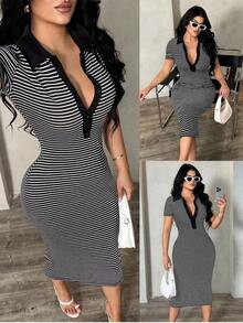 Vestido polo de manga corta a rayas blanco y negro de estilo minimalista y casual para ir al trabajo, vestido de punto de media longitud con ajuste ceñido y gran elasticidad, vestido elegante francés - Negro - Ver 8
