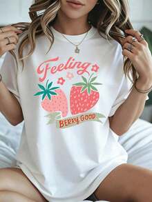 Camiseta con Estampado de Fresas "Feeling Berry Good", Ropa Casual de Verano, Blusa Blanca para Mujer para Uso Diario y Temporada de Vacaciones - Blanco - Ver 8