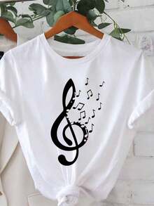 1 pieza [Oferta Especial de Vacaciones] Camiseta de Mujer con Estampado de Notas Musicales para Festival, Cuello Redondo Casual, Manga Corta para Primavera Verano, 100% Algodónropa de calor mujer - Blanco - Ver 7