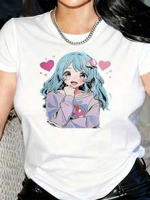 Camiseta con Estampado de Anime para Mujer de Under The Radar - Diseño de Personaje de Manga Kawaii con Pelo Azul y Corazones, Camiseta Casual de Cuello Redondo Suave para Cosplay, Eventos Temáticos y Atuendo Casual - Tela Elástica Cómoda para Todas las Temporadas (Lavable a Máquina) - Regalo Perfecto para Fanáticos del Anime, Ropa de Festival, Traje de Cosplay, Material Transpirable, Costuras Duraderas, Camiseta Estampada, Entusiastas del Cosplay - Camiseta Unisex de Manga Corta y Cuello Redondo de Algodón Suelto Estilo Vintage Urbano - Blanco - Ver 1