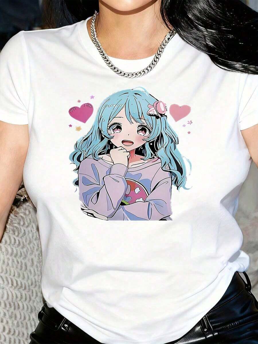 Camiseta con Estampado de Anime para Mujer de Under The Radar - Diseño de Personaje de Manga Kawaii con Pelo Azul y Corazones, Camiseta Casual de Cuello Redondo Suave para Cosplay, Eventos Temáticos y Atuendo Casual - Tela Elástica Cómoda para Todas las Temporadas (Lavable a Máquina) - Regalo Perfecto para Fanáticos del Anime, Ropa de Festival, Traje de Cosplay, Material Transpirable, Costuras Duraderas, Camiseta Estampada, Entusiastas del Cosplay - Camiseta Unisex de Manga Corta y Cuello Redondo de Algodón Suelto Estilo Vintage Urbano - Blanco - Ver 1