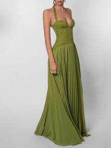 New Arrival Sensual Halter Dress Open Back Pleated Bodycon - Green - View 2