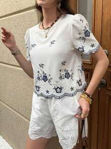 Blusa Corta Bordada Casual para Mujer, Camisas Campestres de Primavera/Verano para Mujer, Ropa de Verano para Vacaciones Campestres - Blanco 2 - Ver 4