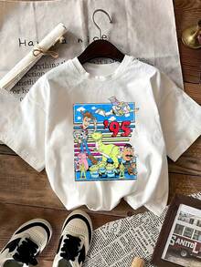 Colorful Graphic Featuring Classic Cartoon Characters Of Adventure And Friendship With A Retro Background From 1995, Full Of Energy And Nostalgia. Comfortable Casual Women's T-Shirt For Everyday Wear. - 白色 - 查看 2