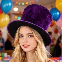 Velvet Vintage Dramatic All Seasons Top Hat, Distressed Texture, Relaxed Fit, Perfect For Themed Party, Halloween Cosplay, Stage Performance - Purple - View 5