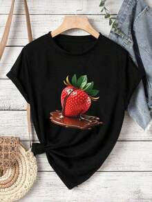 Camiseta de mujer con estampado de fresas y chocolate, ideal para oto?o. Tejido de primera calidad, corte holgado, transpirable, estilo casual. Estampado artístico. Blusas Bonito 100% Algodón - Negro - Ver 3