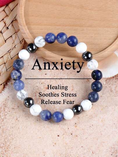 Natural Stone Sodalite Men's Anxiety Bracelet, Howlite Calming, Relieves Stress, Absorb Negative Energy, Healing Crystal Meditation Spiritual Jewelry Unisex Four-Season Accessory