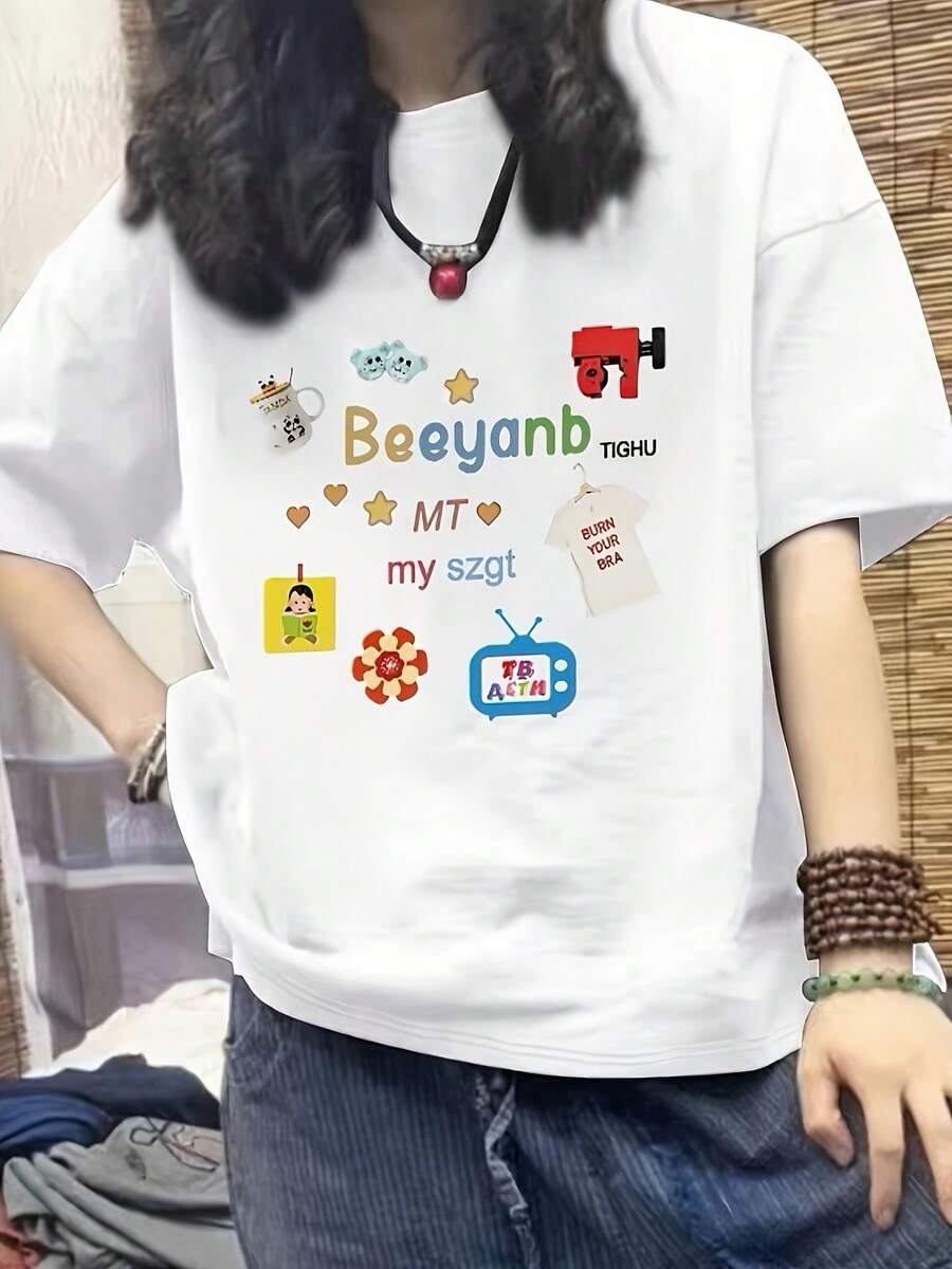 Camiseta de Manga Corta para Mujer con Estampado Y2K - Diseño Divertido de Abeja y Estrellas, Cuello Redondo Ajuste Relajado, Top Casual de Verano, Lavable a Máquina, Camisetas Juveniles, Ropa de Playa, Tejido Cómodo, Estilo Retro, Material Transpirable, Camiseta Gráfica Vibrante, Para Amantes de la Moda - Blanco - Ver 1