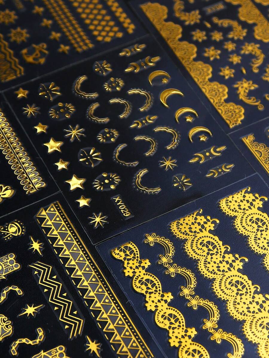 30 miếng dán móng tay phong cách Gothic vàng ánh kim, tự dính, thiết kế 3D, phong cách INS phương Tây Y2K, chống thấm nước, tự làm móng, trang trí nghệ thuật móng tay, dụng cụ làm móng.