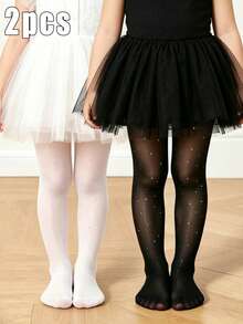 2pcs Girls' Rhinestone Decorated Ultra-Thin Tights, Skinny Elastic Shiny Leggings Suitable For Performance, Daily Wear - Black and White - View 10