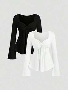 2 piezas Conjunto de camisetas de manga larga versátiles, elegantes y cómodas para mujer - Multicolor 9 - Ver 6