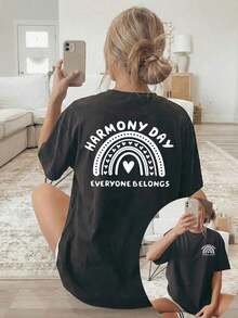 GiftCamiseta de algodón puro [Estampado a doble cara] Camiseta de mujer, top casual de manga corta y cuello redondo, con estampado de corazón arcoíris blanco, adecuada para uso casual, ropa multiusos, camiseta moderna y a la moda, material cómodo, camiseta Plainwhite para entusiastas del estilo. Suave - Negro - Ver 7