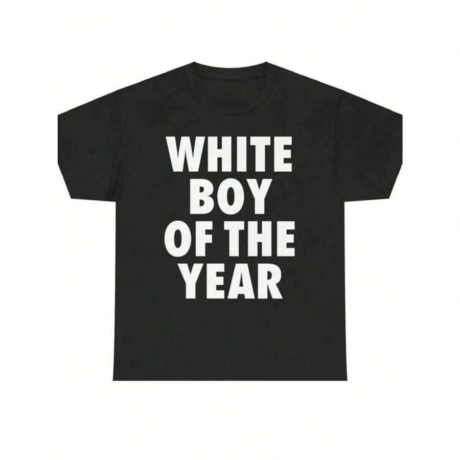 WHITE BOY OF THE YEAR Printed Cotton T-Shirts, Retro Style, Casual, Streetwear, Vintage, Fashion, Loose Fit, Cotton, Unisex. - 黑色 - 查看 1