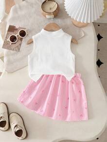 Conjunto de 2 piezas de top de punto acanalado de cuello en V blanco + falda con estampado de lazo a rayas verticales para niñas, adecuado para uso diario, actividades al aire libre y eventos, primavera/verano - Rosa - Ver 2