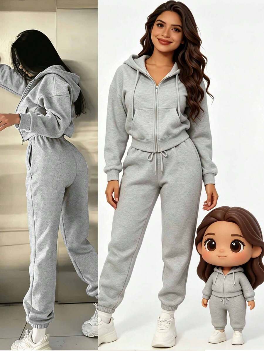 Conjunto Deportivo de 2 Piezas para Mujer: Sudadera con Capucha y Cierre de Cremallera Frontal más Pantalón Jogger con Cordón Ajustable - Set Casual de Algodón Suave para Entrenamiento, Gimnasio y Uso Diario - Gris Claro - Ver 1