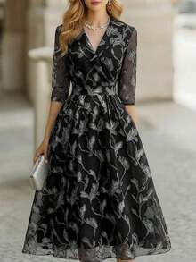 Vestido formal largo con estampado de hojas elegante para mujer, primavera/otoño - Multicolor 2 - Ver 6