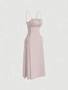 Vestido de tirantes unicolor pecho con fruncido con cordón lateral - Rosa 2 - Ver 3