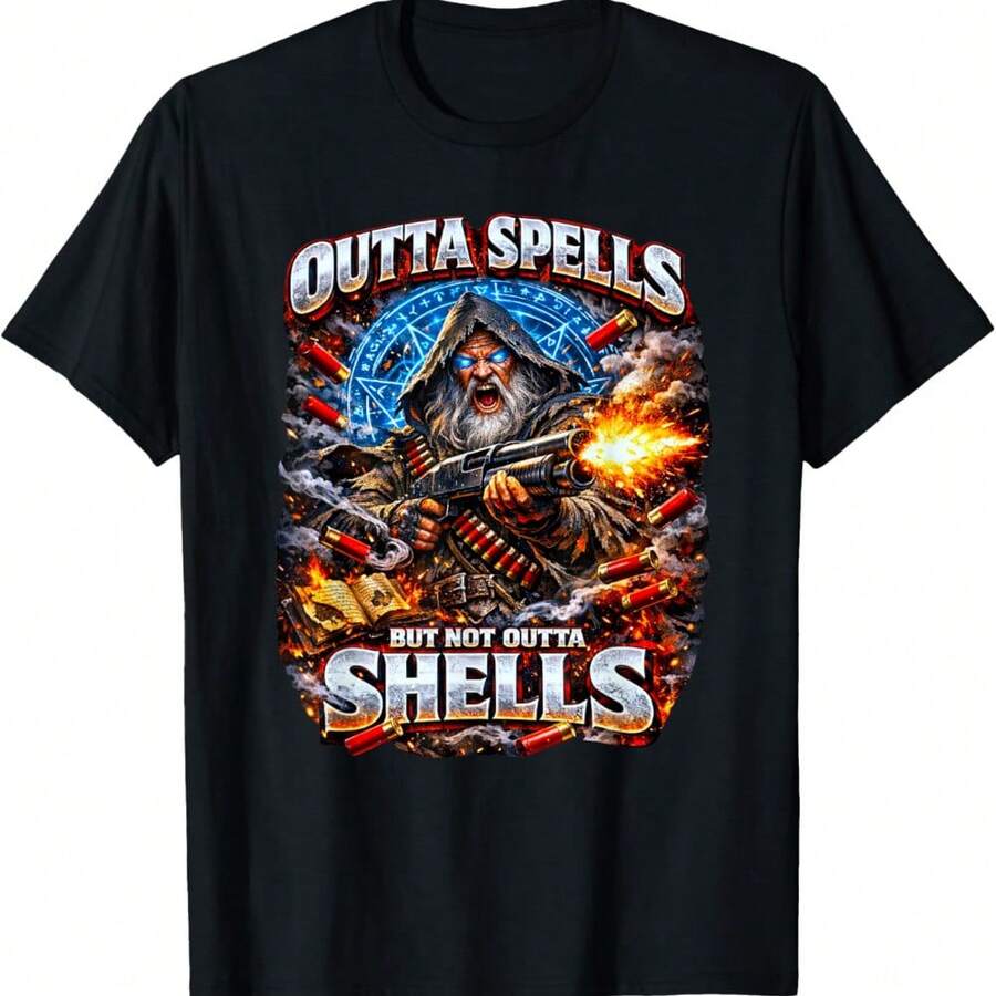 Outta Spells But Not Outta Shells Wizard Meme Bootleg Style T-Shirt - Black - View 1
