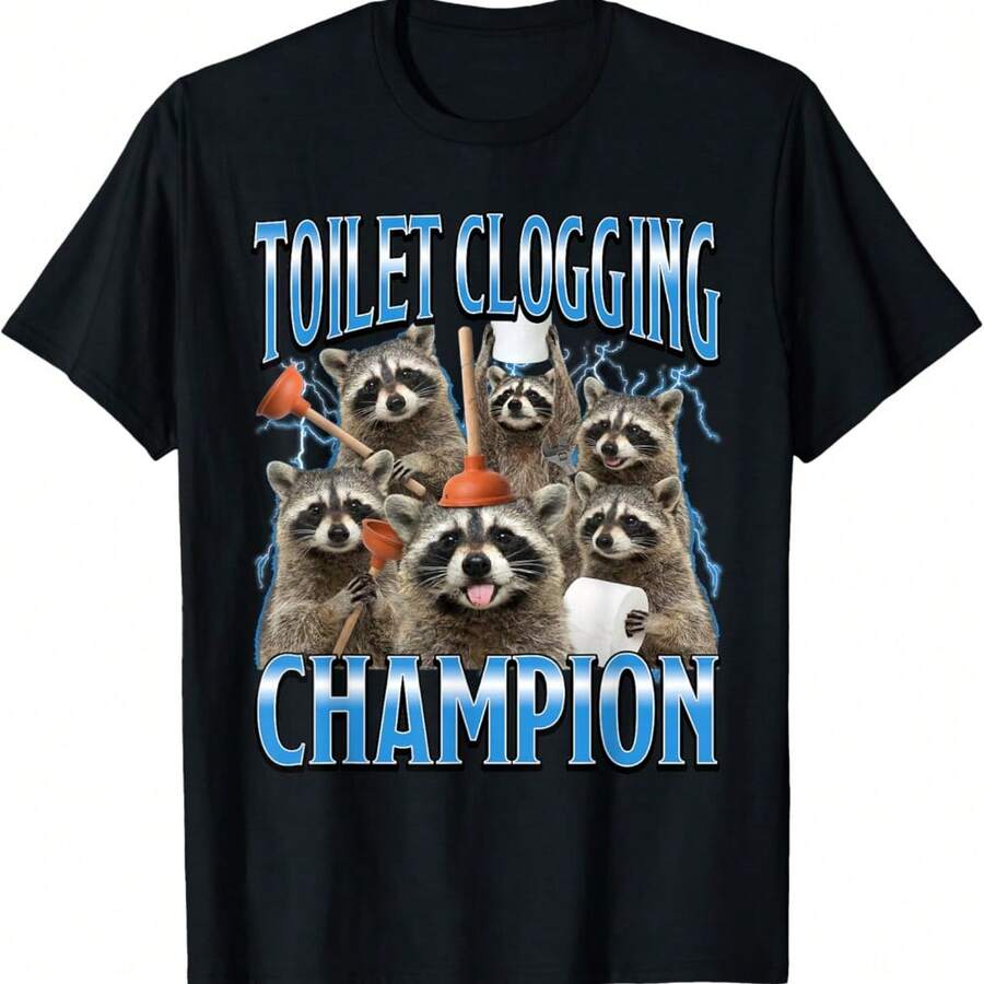 Funny IBS Toilet Clogging Champion Raccoon Ironic Meme T-Shirt - Black - View 1