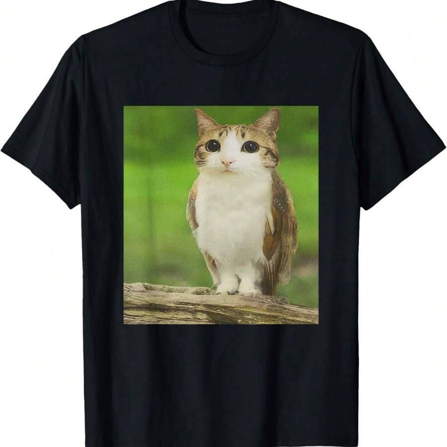 Cat Owl Funny Cursed Internet Meme T-Shirt - 黑色 - 查看 1