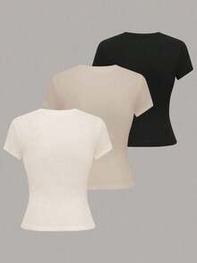 Camiseta de mujer de unicolor y manga corta, sencilla, casual y versátil - Multicolor 4 - Ver 2