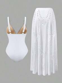Swim Oasis Conjunto de traje de baño de una pieza con falda acampanada a juego, estampado floral blanco, romántico, para vacaciones, nuevo para primavera/verano 2022 - Blanco - Ver 2