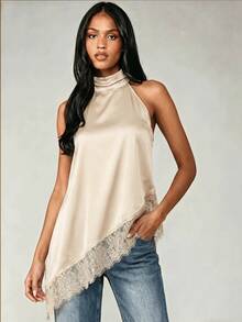 Top de tirantes negro para mujer, bajo asimétrico, diseño sin espalda, con ribete de encaje en contraste, longitud regular para verano - Albaricoque - Ver 3