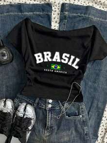 Camiseta de manga corta ajustada con hombros descubiertos y pliegues en la cintura, con estampado de limón, adecuada para el verano - Negro 2 - Ver 6