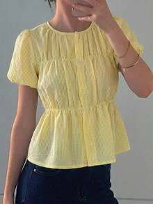 Camisa de mujer con mangas cortas y rayas, uso casual de oficina - Amarillo claro - Ver 5