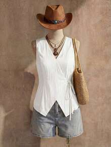 Chaleco estilo BOHO casual de estilo campestre estadounidense en color crema amarillento, con tirantes delgados, adecuado para maestras, oficina, viajes, con aspecto vintage.Blusa de verano para mujer en color amarillo claro, top de verano para mujer, top con lazo amarillo, top envolvente amarillo, top cruzado para mujer, top de verano para mujer de estilo occidental, para maestras de campo - Blanco - Ver 2
