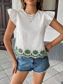 Blusa de verano casual de vacaciones con bordado floral y volantes en las mangas - Verde - Ver 8
