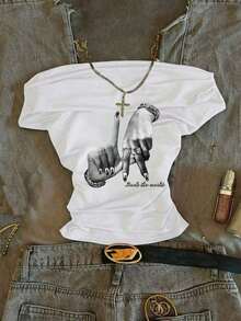 Camiseta de manga corta ajustada con hombros descubiertos y pliegues en la cintura, con estampado de limón, adecuada para el verano - Blanco 3 - Ver 1
