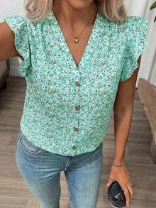 Clasi Blusa de mujer de verano con cuello en V y mangas cortas con estampado floral - verde menta - Ver 4