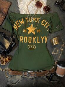Camiseta de manga corta ajustada con hombros descubiertos, estilo casual y retro, impresa con "NEW YORK", adecuada para uso diario, ir al trabajo, fiestas, reuniones y ocasiones de vuelta al colegio. - Multicolor 11 - Ver 1