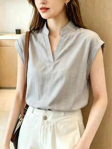 Blusa de mujer de verano con cuello en V y mangas de murciélago, top de manga corta de unicolor - Ligero y suelto casual, esencial para el uso diario para crear un ambiente de verano, top de manga corta de murciélago - Gris - Ver 4