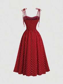 Sweetro Vestido con estampado de lunares estilo francés vintage con espalda descubierta y cintura anudada, color rojo, para mujer - Rojo - Ver 2