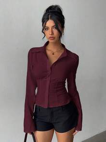 AYYAloruh Camisa de mujer de manga corta con pliegues en la cintura, de color blanco sólido y elegante, versátil, adecuada para ir al trabajo, uso diario, primavera/veranoAYY - Gris - Ver 11