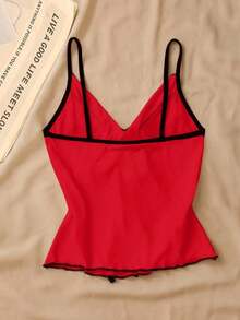 Top de tirantes con lazo y ribete de lechuga en contraste, elegante y ajustado, top para salir para mujeres, apto para el estilo del milenio - Rojo - Ver 2