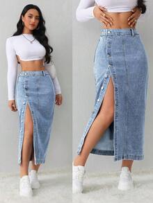 Tall Falda vaquera casual y suelta con abertura lateral, falda midi azul para mujeres altas, falda azul claro, falda azul, ropa de invierno para mujeres - Lavado ligero - Ver 8