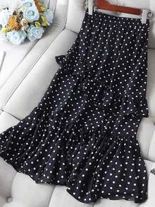 Falda de mujer elegante con pliegues y lunares - Negro - Ver 3