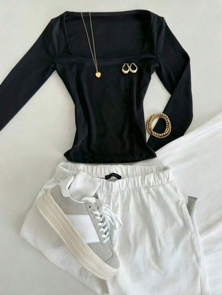 Camiseta de manga larga de cuello cuadrado gris minimalista de ajuste ceñido, adecuada para primavera, verano, otoño e invierno.Camiseta de moda, regalo de estilo minimalista para hermanos, hermanas, mamá, Día de la Madre, top de moda casual. - Negro - Ver 1