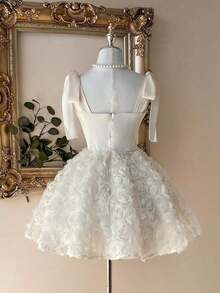 Elegante, romántico y de moda vestido de satén color café con hombros descubiertos y cola de sirena, con decoración floral 3D y volantes en el bajo, adecuado para fiestas de solteros, bodas, graduaciones, vacaciones, tardes de té y ocasiones formales - Albaricoque - Ver 3