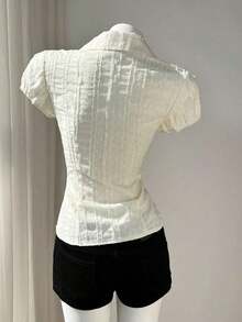 Camisa de mujer con cuello en V, cintura fruncida y manga corta, color blanco, para primavera/verano - Blanco 2 - Ver 2