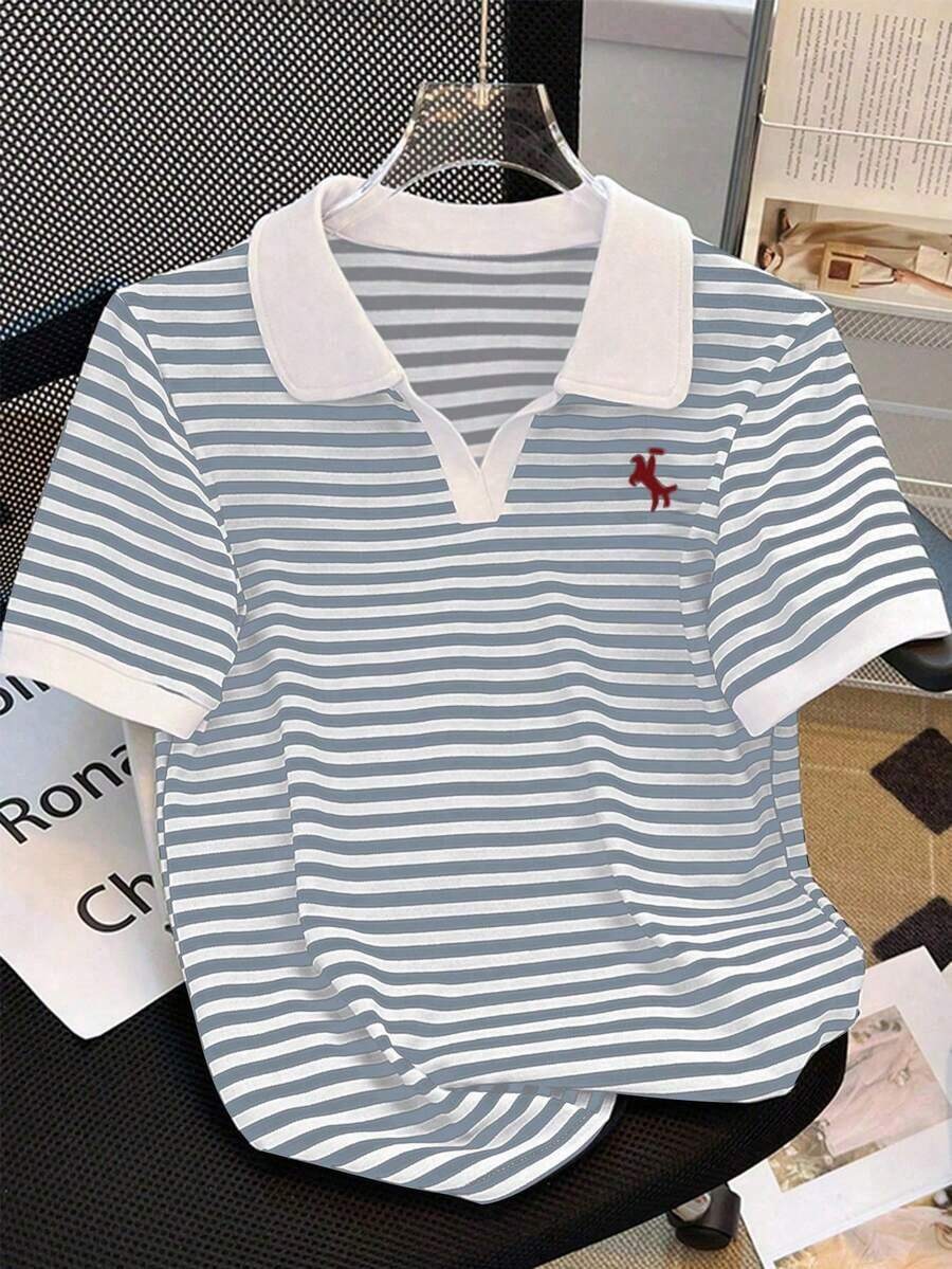 Camiseta de manga corta con cuello de polo a rayas casual de verano para mujer - Multicolor 4 - Ver 1