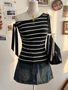 Blusa casual sin mangas con rayas y nudo delantero, versátil para el verano - Multicolor - Ver 3