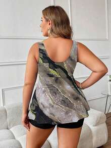 Swim Lushoire Vestido de baño con estampado de mármol para playa de talla grande y pantalones cortos de baño sólidos - Gris Claro - Ver 2