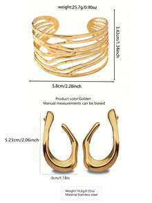 VceTd 1 Set Fashionable Exaggerated Asymmetrical Geometric Stainless Steel Jewelry Set, Suitable For Women's Daily Life, Parties, Galas, Gifts For Loved Ones Or Ladies - Yellow Gold - View 9