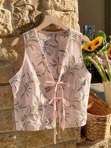 2026 Nuevo Top sin mangas con cuello en V, lazo delantero y bordado floral para mujer, ideal para vacaciones en la playa, uso casual, estilo Y2K de los 2000, primavera, graduación, fiesta de boda, vacaciones elegantes, San Valentín, carnaval, - Rosa - Ver 7