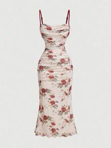 Vestido de mujer con estampado floral vintage, bloques de color, tirantes de hombro y pliegues en la cintura - Burdeos - Ver 1